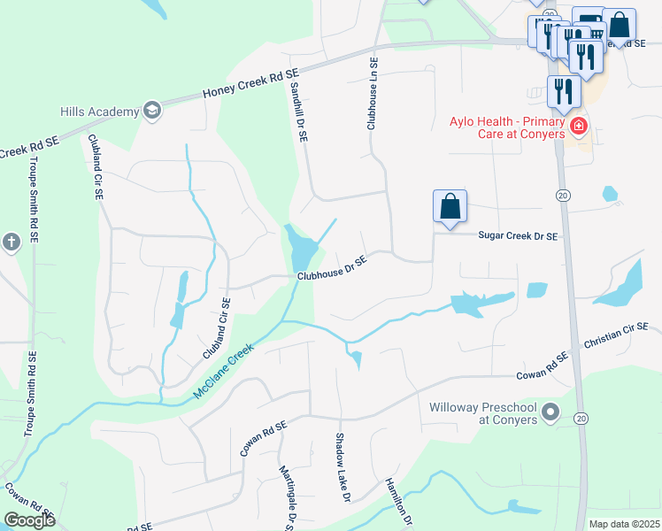 map of restaurants, bars, coffee shops, grocery stores, and more near 626 Clubhouse Drive Southeast in Conyers