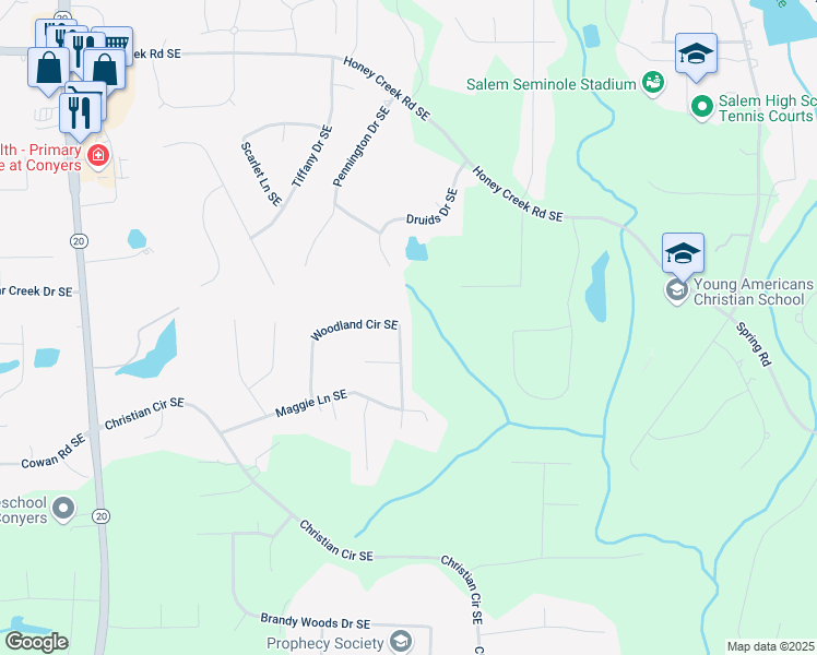 map of restaurants, bars, coffee shops, grocery stores, and more near 3973 Woodland Circle Southeast in Conyers