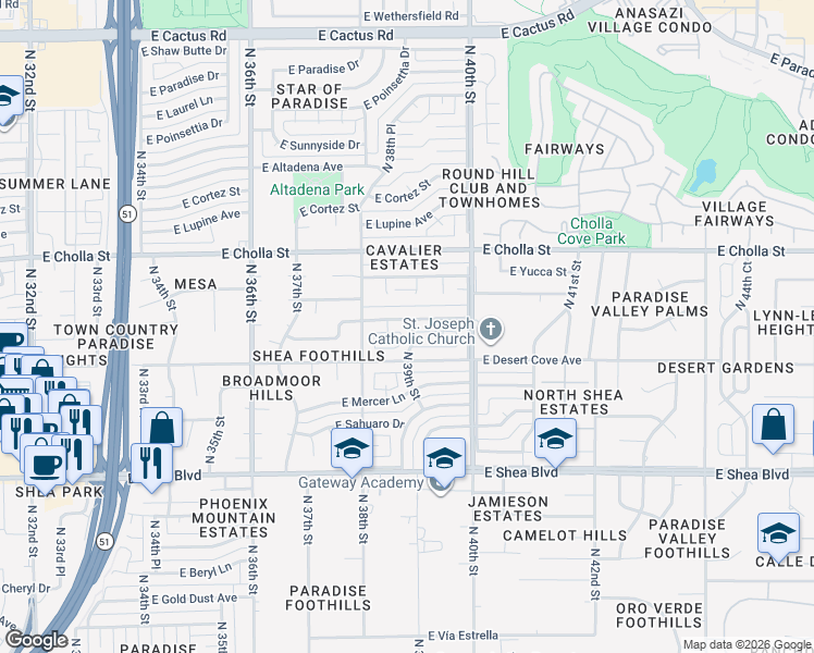 map of restaurants, bars, coffee shops, grocery stores, and more near 3822 East Shangri La Road in Phoenix