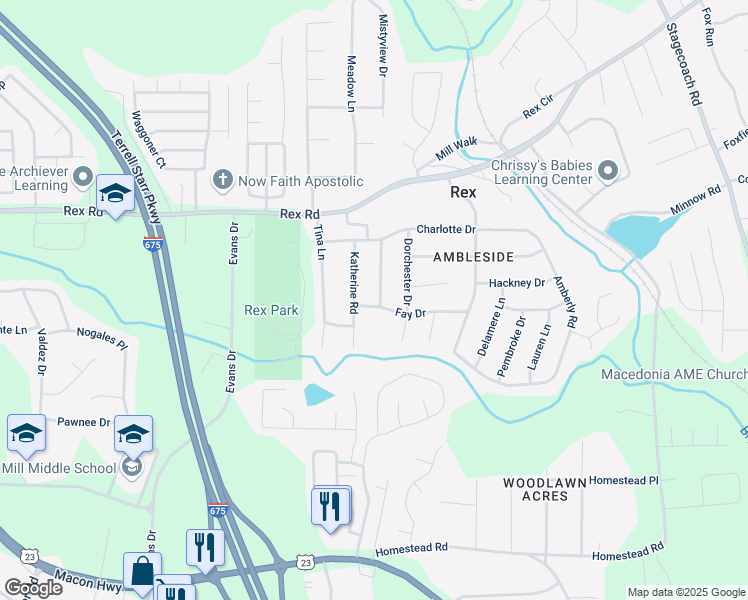 map of restaurants, bars, coffee shops, grocery stores, and more near 6094 Katherine Road in Rex