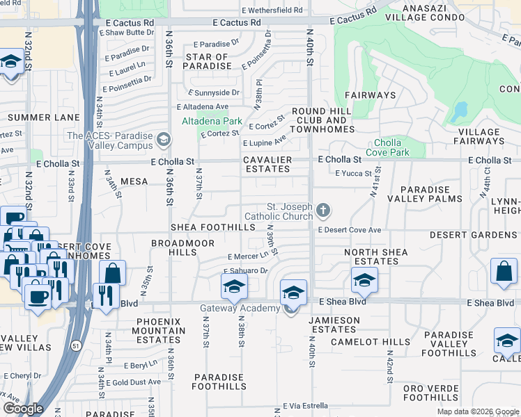 map of restaurants, bars, coffee shops, grocery stores, and more near 3822 East Shangri La Road in Phoenix