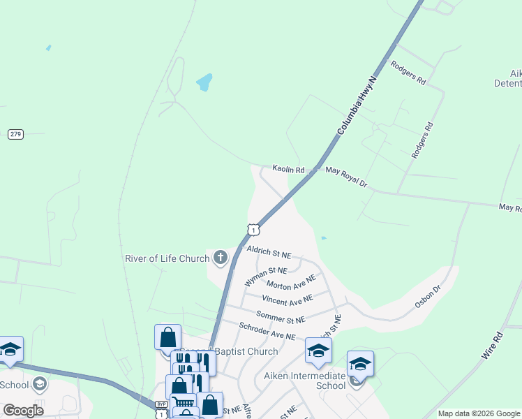 map of restaurants, bars, coffee shops, grocery stores, and more near 1465 Columbia Highway North in Aiken