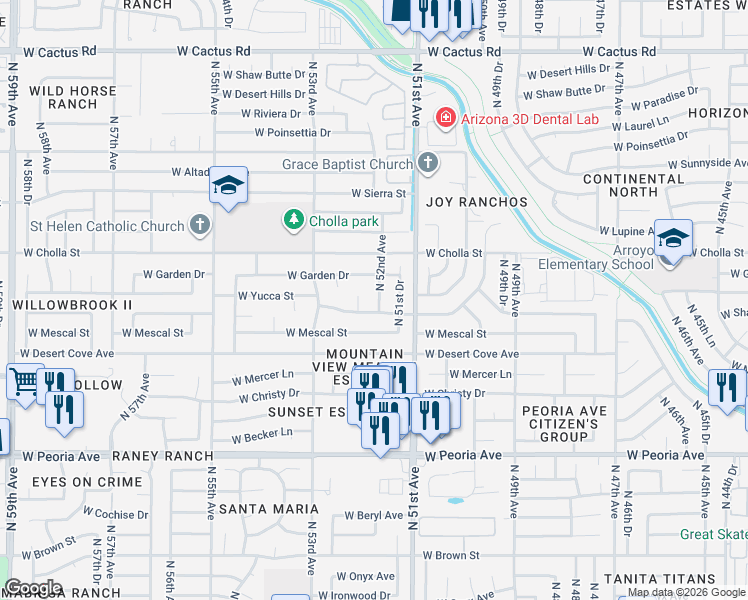 map of restaurants, bars, coffee shops, grocery stores, and more near 11227 North 52nd Avenue in Glendale