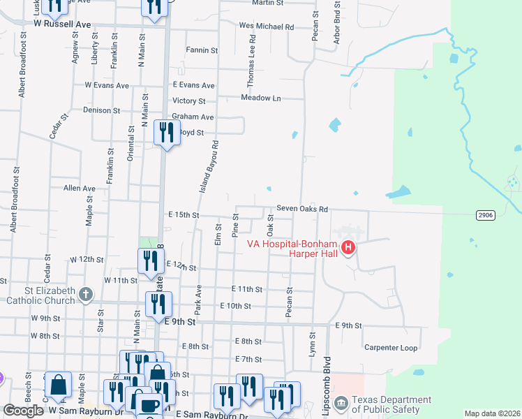 map of restaurants, bars, coffee shops, grocery stores, and more near 803 Seven Oaks Road in Bonham