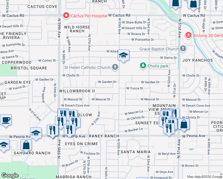 map of restaurants, bars, coffee shops, grocery stores, and more near 5534 West Yucca Street in Glendale