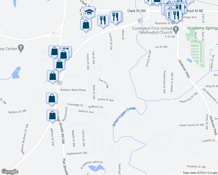 map of restaurants, bars, coffee shops, grocery stores, and more near 5193 Tew Lane Southwest in Covington