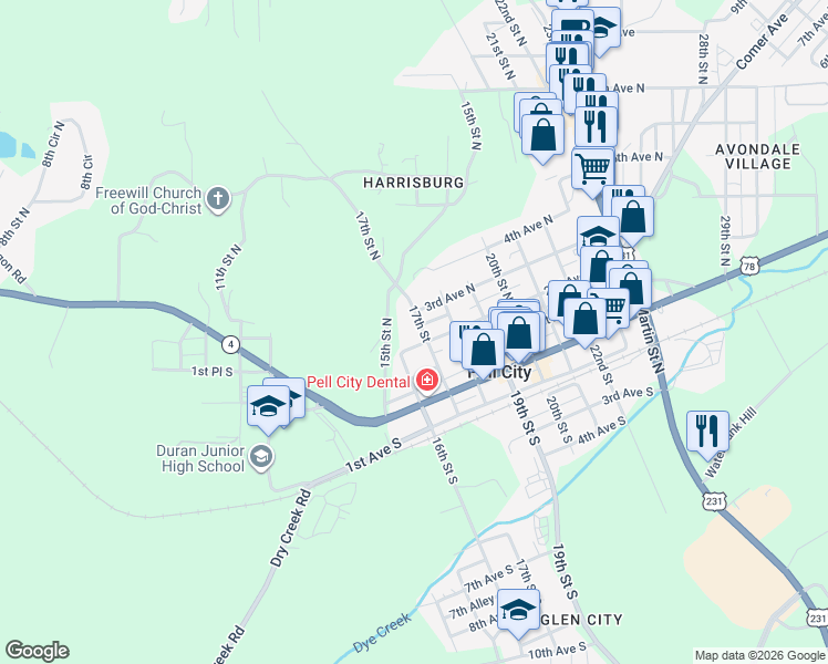 map of restaurants, bars, coffee shops, grocery stores, and more near 209 17th Street North in Pell City