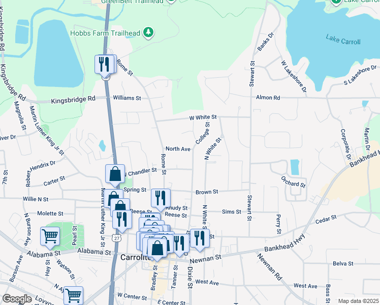 map of restaurants, bars, coffee shops, grocery stores, and more near 612 College Street in Carrollton