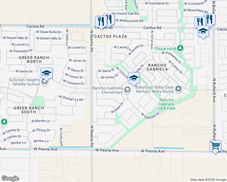 map of restaurants, bars, coffee shops, grocery stores, and more near 15417 West Cameron Circle in Surprise