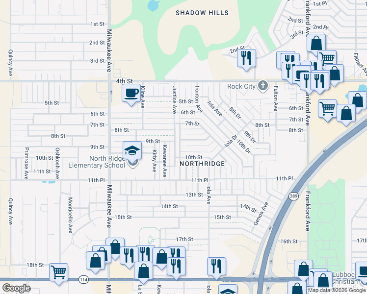 map of restaurants, bars, coffee shops, grocery stores, and more near 6126 9th Street in Lubbock