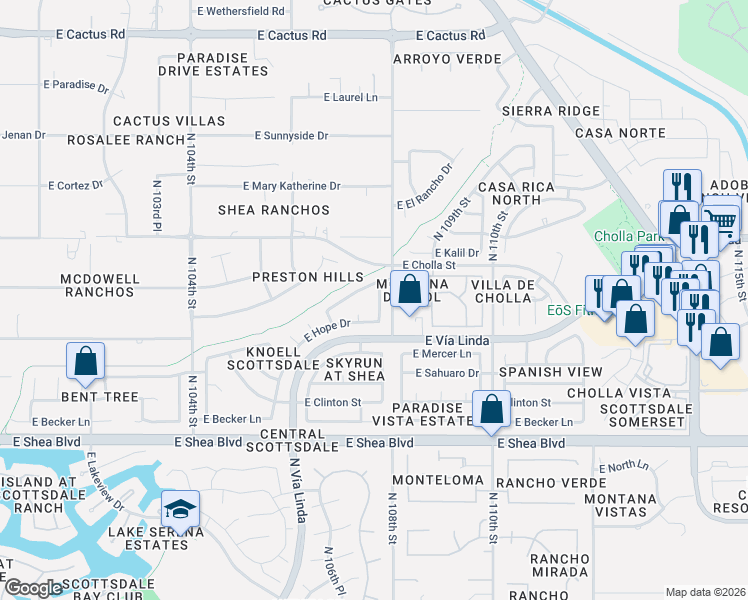 map of restaurants, bars, coffee shops, grocery stores, and more near 10750 East Mescal Street in Scottsdale