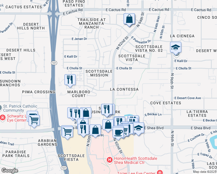 map of restaurants, bars, coffee shops, grocery stores, and more near 11250 North 92nd Street in Scottsdale