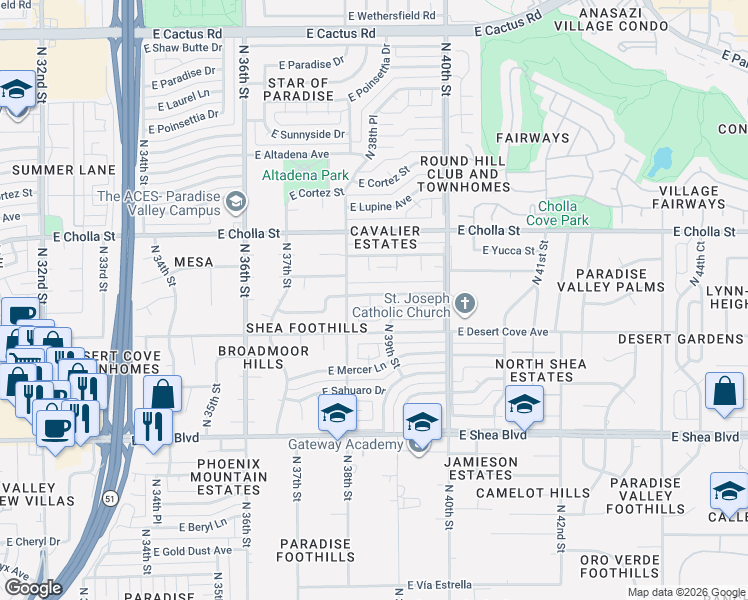map of restaurants, bars, coffee shops, grocery stores, and more near 3822 East Shangri La Road in Phoenix
