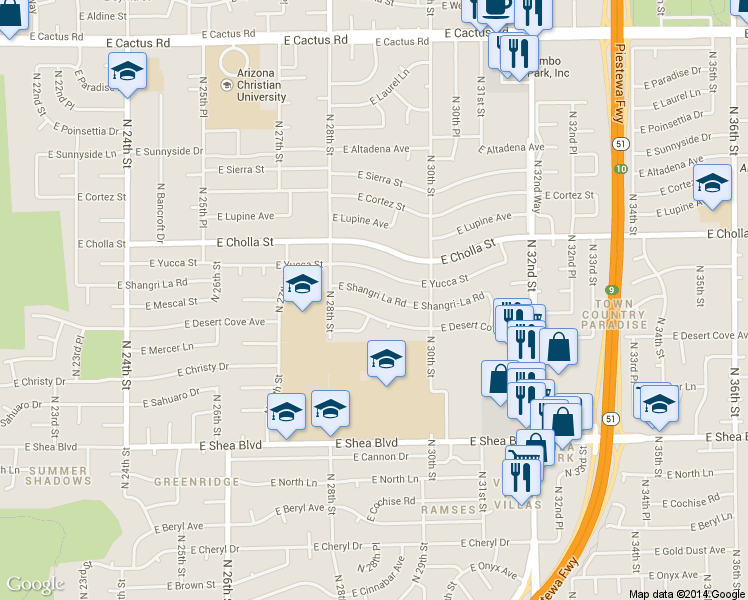 map of restaurants, bars, coffee shops, grocery stores, and more near 2834 East Shangri-La Road in Phoenix