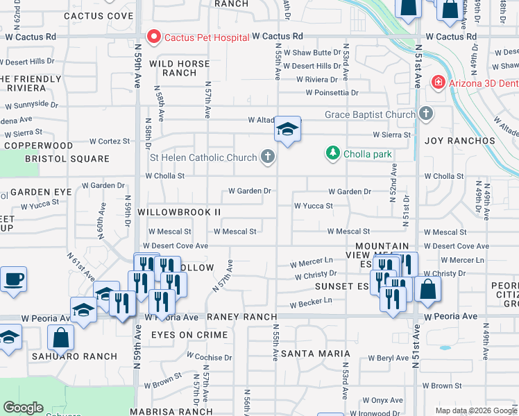 map of restaurants, bars, coffee shops, grocery stores, and more near 5534 West Yucca Street in Glendale