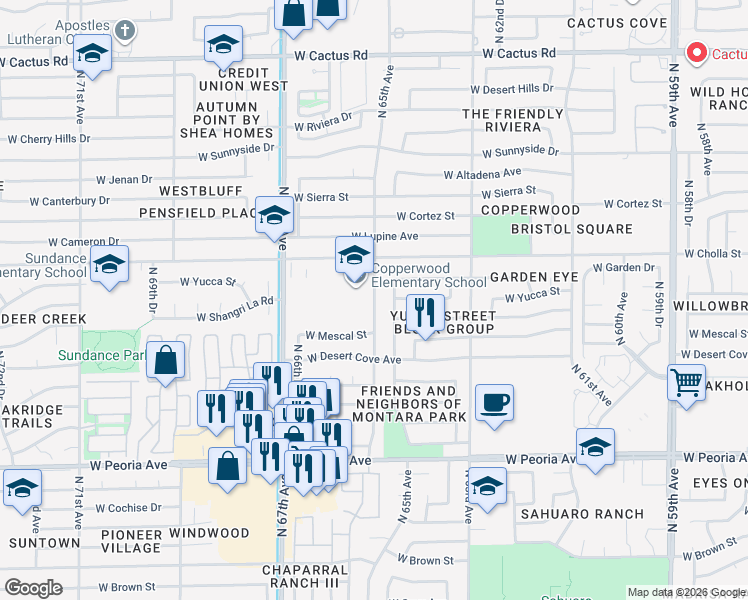 map of restaurants, bars, coffee shops, grocery stores, and more near 11233 North 65th Avenue in Glendale