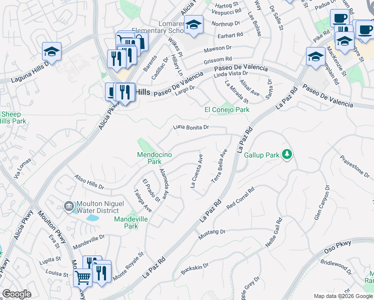 map of restaurants, bars, coffee shops, grocery stores, and more near 25021 Sausalito Street in Laguna Hills