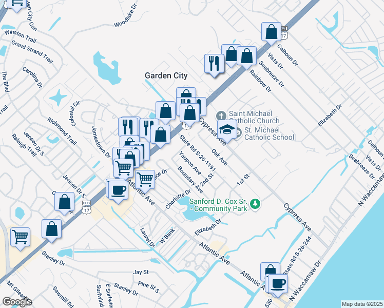 map of restaurants, bars, coffee shops, grocery stores, and more near 1800 Pine Avenue in Murrells Inlet