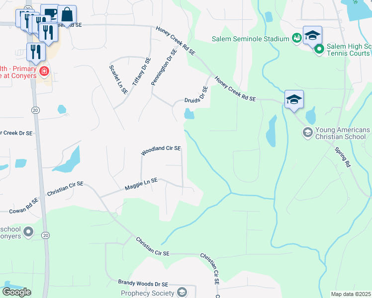 map of restaurants, bars, coffee shops, grocery stores, and more near 3973 Woodland Circle Southeast in Conyers