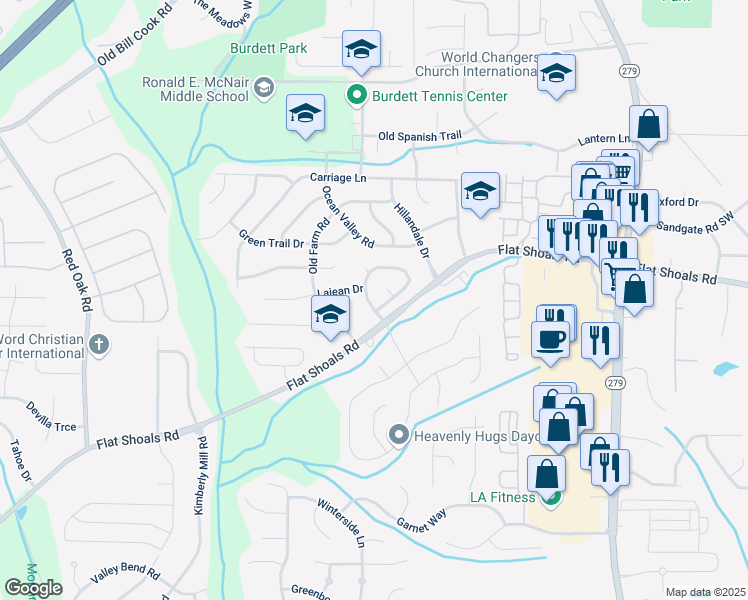 map of restaurants, bars, coffee shops, grocery stores, and more near 6164 Lajean Drive in Atlanta