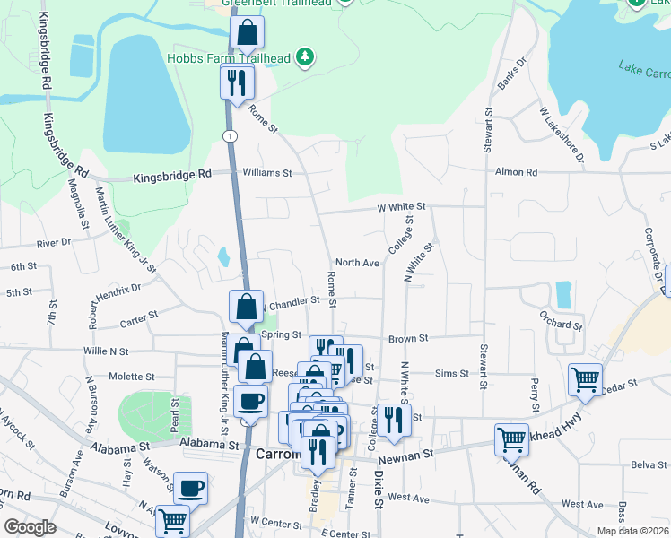 map of restaurants, bars, coffee shops, grocery stores, and more near 2 North Avenue in Carrollton