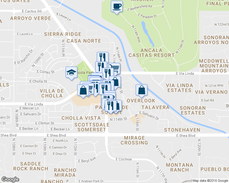 map of restaurants, bars, coffee shops, grocery stores, and more near 11100 North 115th Street in Scottsdale