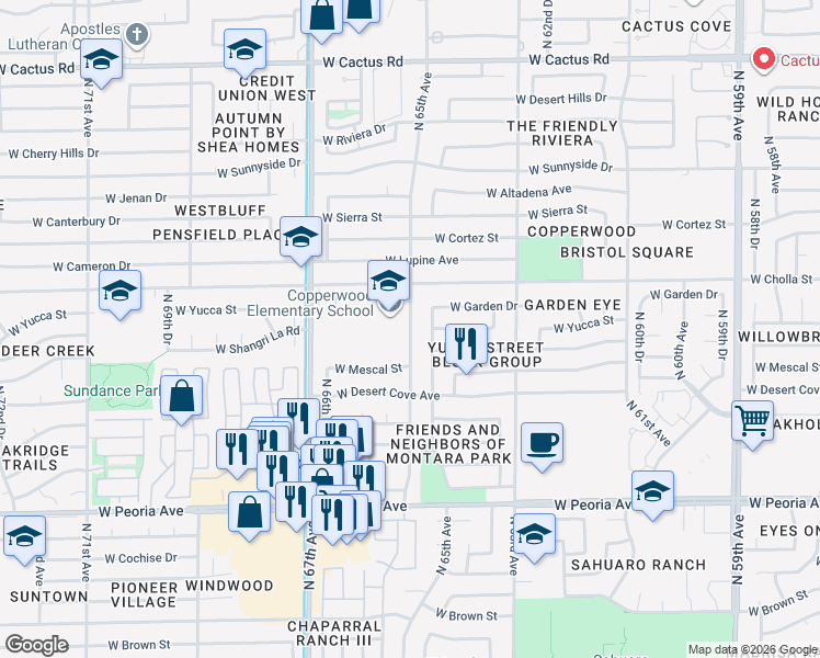 map of restaurants, bars, coffee shops, grocery stores, and more near 11232 North 65th Avenue in Glendale