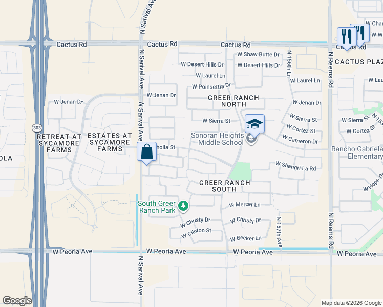 map of restaurants, bars, coffee shops, grocery stores, and more near 16091 West Cameron Drive in Surprise