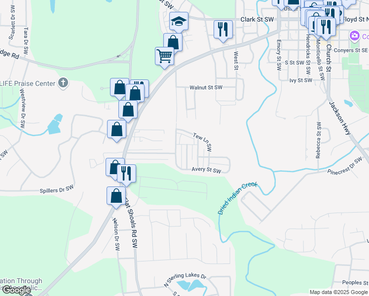 map of restaurants, bars, coffee shops, grocery stores, and more near 6104 Ruth Street Southwest in Covington