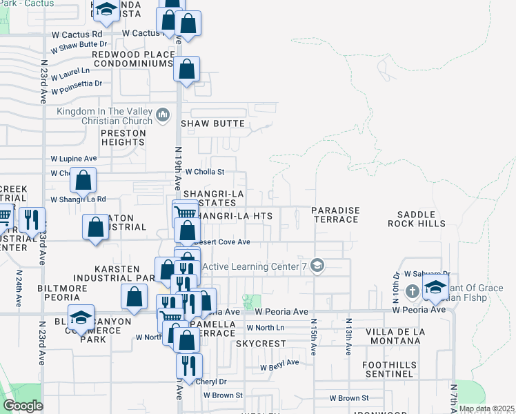 map of restaurants, bars, coffee shops, grocery stores, and more near 1637 West Shangri La Road in Phoenix
