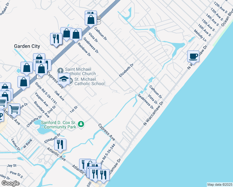 map of restaurants, bars, coffee shops, grocery stores, and more near 361 Rainbow Drive in Murrells Inlet