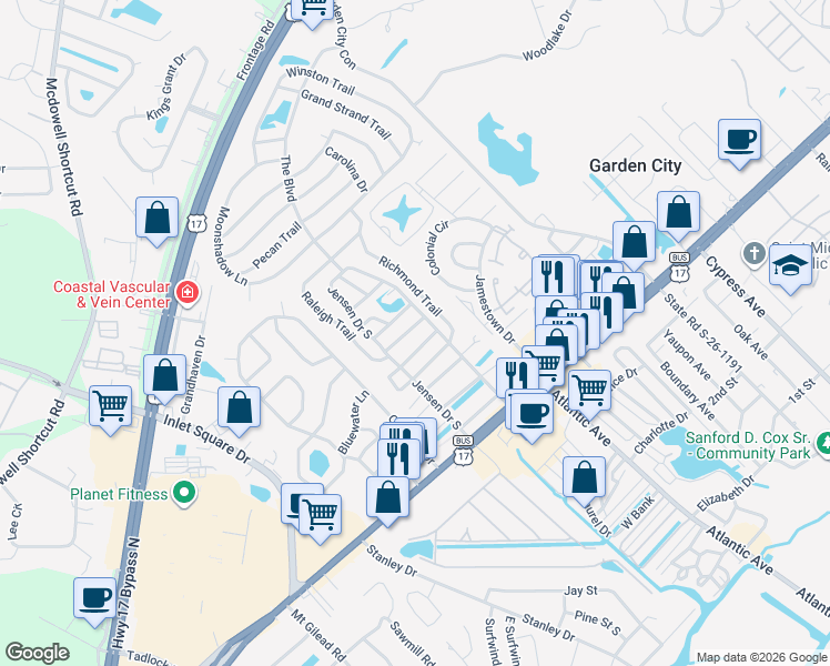 map of restaurants, bars, coffee shops, grocery stores, and more near 747 Myrtle Drive in Murrells Inlet