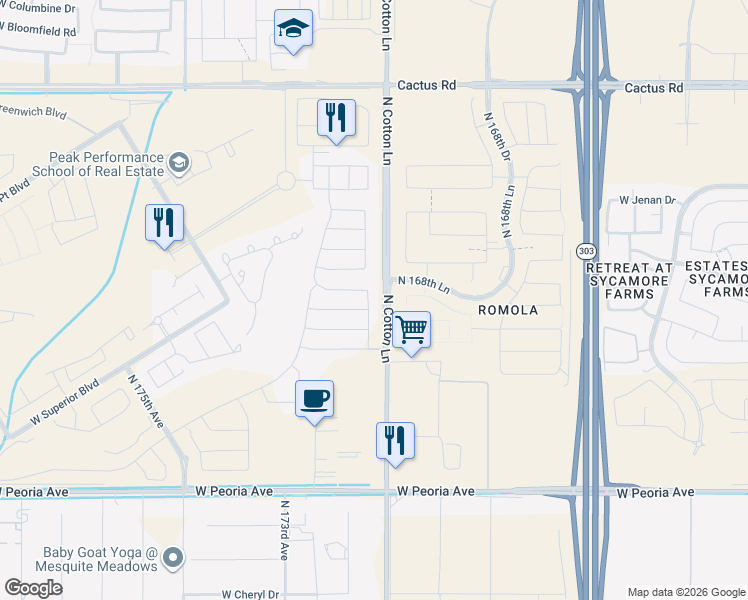 map of restaurants, bars, coffee shops, grocery stores, and more near 17160 West Gracemont Street in Surprise