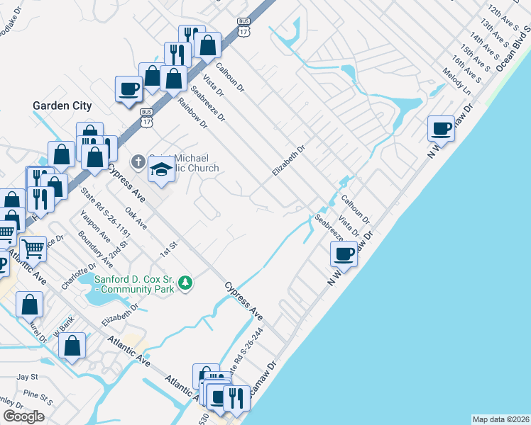 map of restaurants, bars, coffee shops, grocery stores, and more near 361 Rainbow Drive in Murrells Inlet
