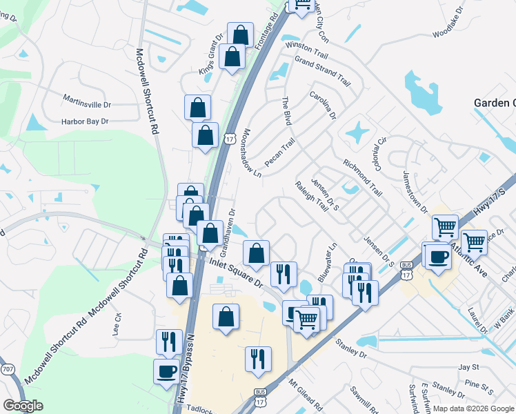 map of restaurants, bars, coffee shops, grocery stores, and more near 11945 Grandhaven Drive in Murrells Inlet
