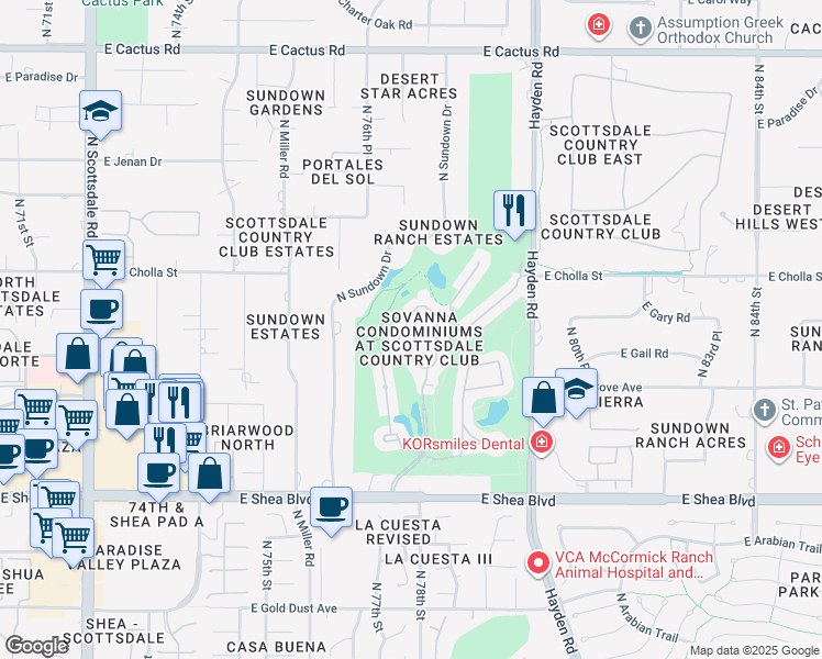 map of restaurants, bars, coffee shops, grocery stores, and more near 11000 North 77th Place in Scottsdale