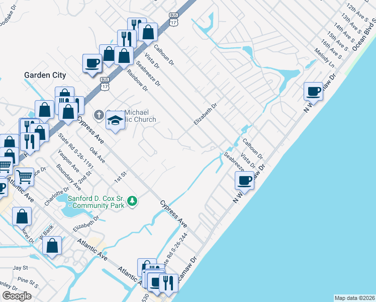 map of restaurants, bars, coffee shops, grocery stores, and more near 361 Rainbow Drive in Murrells Inlet