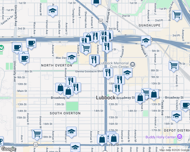 map of restaurants, bars, coffee shops, grocery stores, and more near 1819 Glenna Goodacre Boulevard in Lubbock