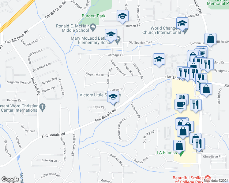 map of restaurants, bars, coffee shops, grocery stores, and more near 2830 Lajean Drive in College Park