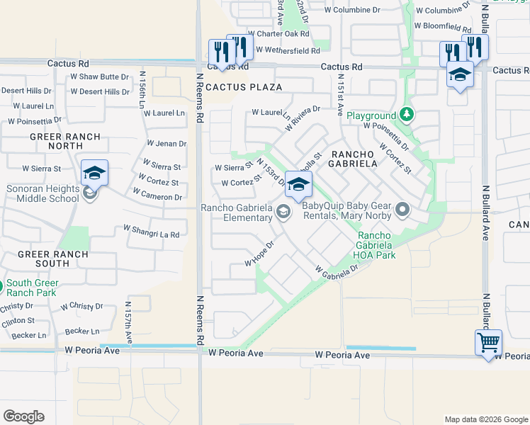 map of restaurants, bars, coffee shops, grocery stores, and more near 15368 West Yucatan Drive in Surprise