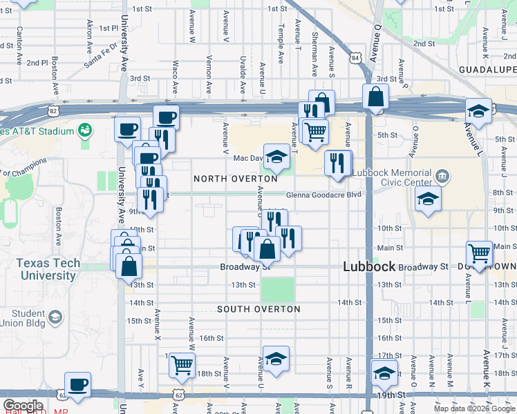 map of restaurants, bars, coffee shops, grocery stores, and more near in Lubbock