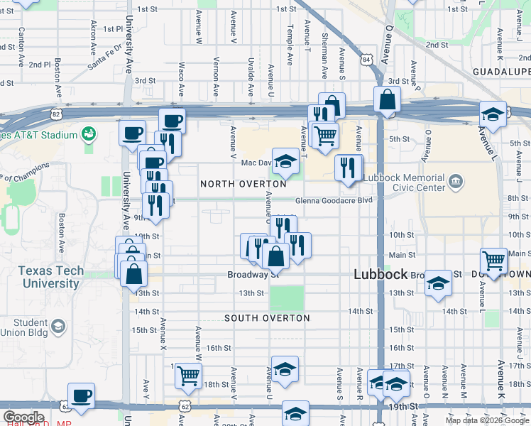 map of restaurants, bars, coffee shops, grocery stores, and more near in Lubbock