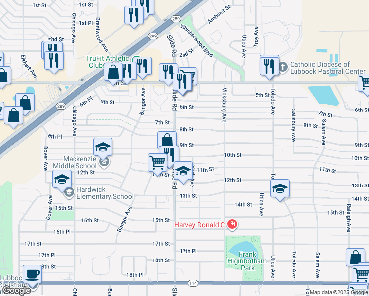 map of restaurants, bars, coffee shops, grocery stores, and more near 4936 9th Street in Lubbock