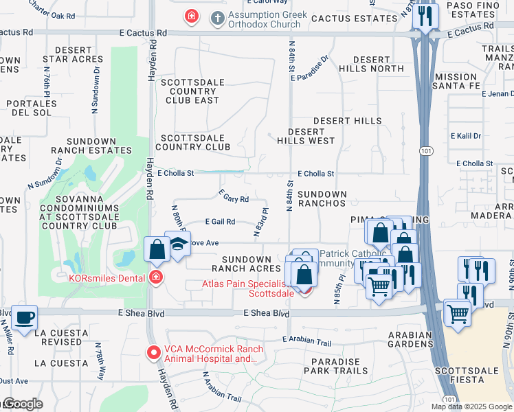 map of restaurants, bars, coffee shops, grocery stores, and more near 8307 East Gary Road in Scottsdale