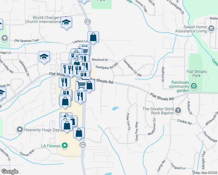map of restaurants, bars, coffee shops, grocery stores, and more near 2286 Flat Shoals Road in Riverdale