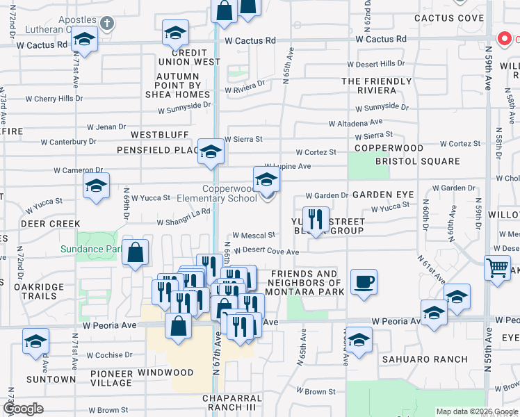 map of restaurants, bars, coffee shops, grocery stores, and more near 11232 North 65th Avenue in Glendale