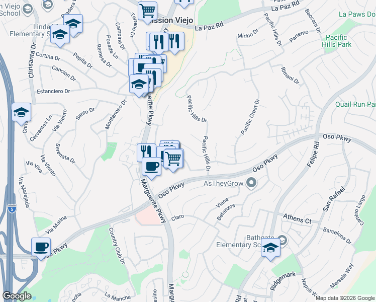 map of restaurants, bars, coffee shops, grocery stores, and more near 27130 South Ridge Drive in Mission Viejo