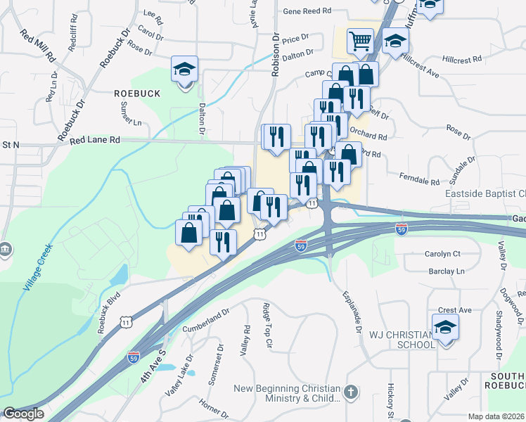 map of restaurants, bars, coffee shops, grocery stores, and more near 175-199 Roebuck Plaza Drive in Birmingham