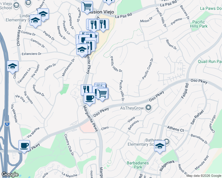 map of restaurants, bars, coffee shops, grocery stores, and more near 27130 South Ridge Drive in Mission Viejo