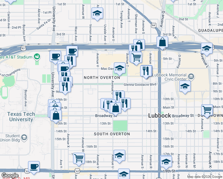 map of restaurants, bars, coffee shops, grocery stores, and more near in Lubbock